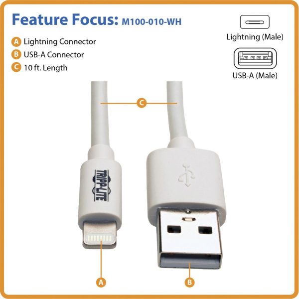 Eaton Tripp Lite Series USB-A to Lightning Sync/Charge Cable (M/M) - MFi Certified, White, 10 ft. (3 m) - Image 6