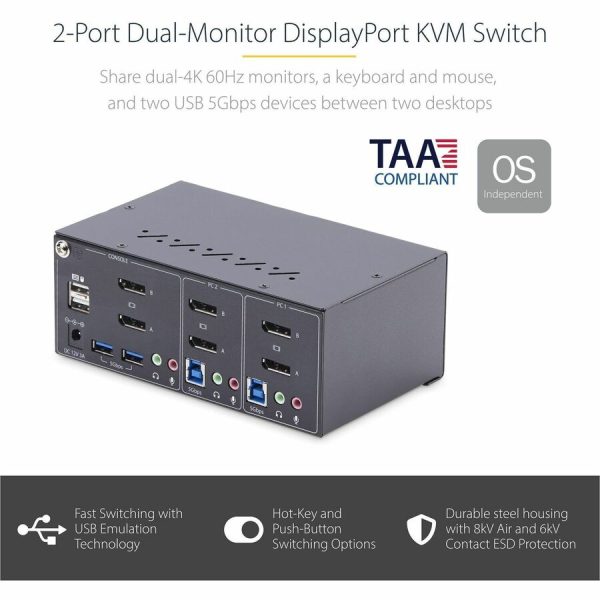 StarTech.com 2-Port Dual-Monitor DisplayPort KVM Switch, 4K 60Hz, 2x USB 5Gbps Ports, Hotkey/Push-Button Switching, TAA Compliant - Image 2