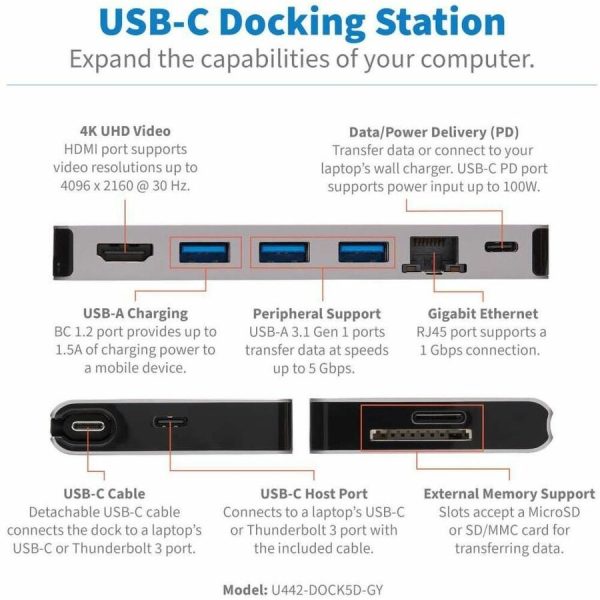 Eaton Tripp Lite Series USB-C Dock - 4K HDMI, USB 3.x (5Gbps), USB-A/C Hub Ports, GbE, Memory Card, 100W PD Charging, Detachable Cord - Image 2