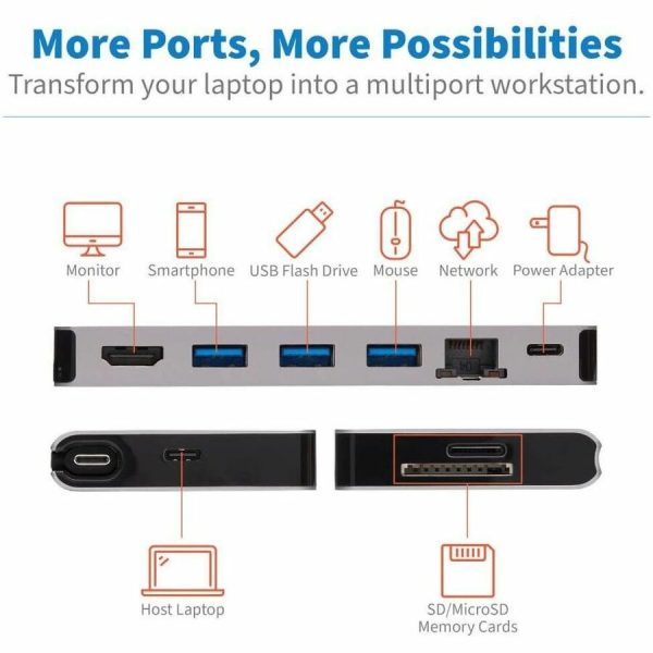 Eaton Tripp Lite Series USB-C Dock - 4K HDMI, USB 3.x (5Gbps), USB-A/C Hub Ports, GbE, Memory Card, 100W PD Charging, Detachable Cord - Image 4