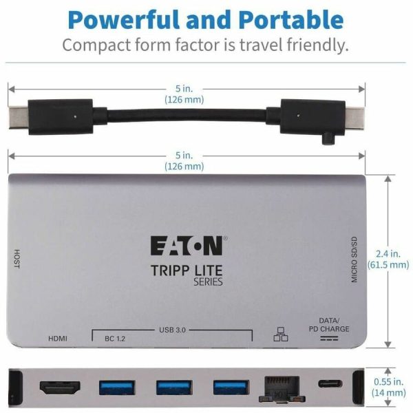 Eaton Tripp Lite Series USB-C Dock - 4K HDMI, USB 3.x (5Gbps), USB-A/C Hub Ports, GbE, Memory Card, 100W PD Charging, Detachable Cord - Image 5