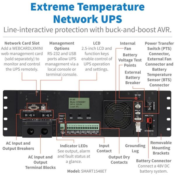 Eaton Tripp Lite Series 120VAC 48VDC 1500VA 1200W Extreme Temperature Network UPS for Industrial and Traffic Networks, 3U, Hardwire, TAA - Image 2