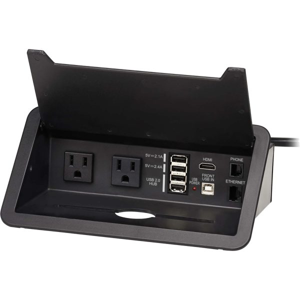 Eaton Tripp Lite Series Power It! 2-Outlet In-Desk Power and Charging Dock - 4x USB-A, USB-B, HDMI, RJ11, RJ45, 10 ft. Cord, Antimicrobial Protection, Black - Image 4