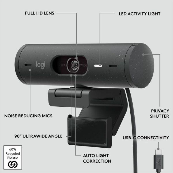 Logitech Brio 500 Full HD webcam, auto framing, noise-reducing mics, privacy shutter, streaming & video calling, Graphite - Image 7