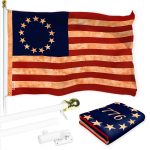 G128 Combo Pack: 6 Ft Tangle Free Aluminum Spinning Flagpole (White) & Betsy Ross Tea-Stained Flag 3x5 Ft, LiteWeave Pro Series Printed 300D Polyester | Pole with Flag Included