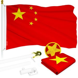 G128 - 6 Feet Tangle Free Spinning Flagpole (White) China Flag Brass Grommets Embroidered 3x5 ft (Flag Included) Aluminum Flag Pole
