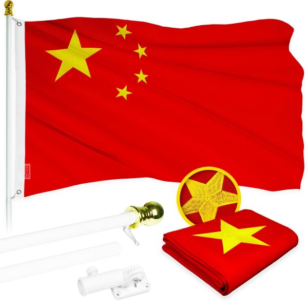 G128 - 6 Feet Tangle Free Spinning Flagpole (White) China Flag Brass Grommets Embroidered 3x5 ft (Flag Included) Aluminum Flag Pole