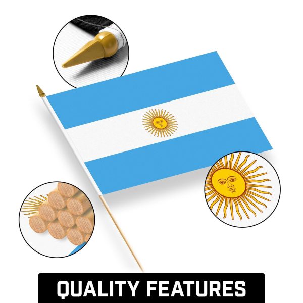 G128 50 Pack Handheld Argentina Argentinian Stick Flags | 12x18 In | Printed 150D Polyester, Country Flag, Solid Wooden Stick, Spear Gold Tip - Image 8