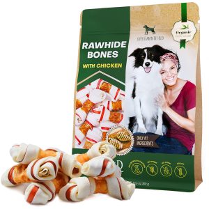 Dog Rawhide Sticks Wrapped with Chicken & Pet Natural Chew Treats   Grain Free Organic Meat & Human Grade Dried Snacks in Bulk   Best Twists for Training Small & Large Dogs   Made for USA (Bones)