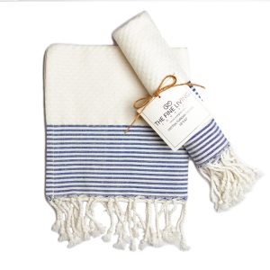 The Fine Living Co. Turkish Hand Towels Set of 2 | 100% Cotton Kitchen and Bathroom Hand Towels | Decorative Hand Towels for Bath Guest Face Hair Tea Dishcloth | 40”x18” (White & Blue)