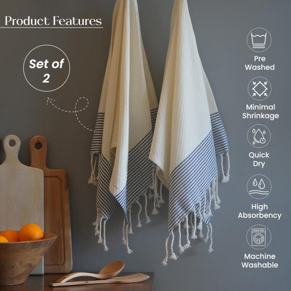 The Fine Living Co. Turkish Hand Towels   Set of 2 | 100% Cotton   Kitchen and Bathroom Hand Towels | Decorative Hand Towels for Bath Guest Face Hair Tea Dishcloth | 40”x18” (White & Blue) - Image 2