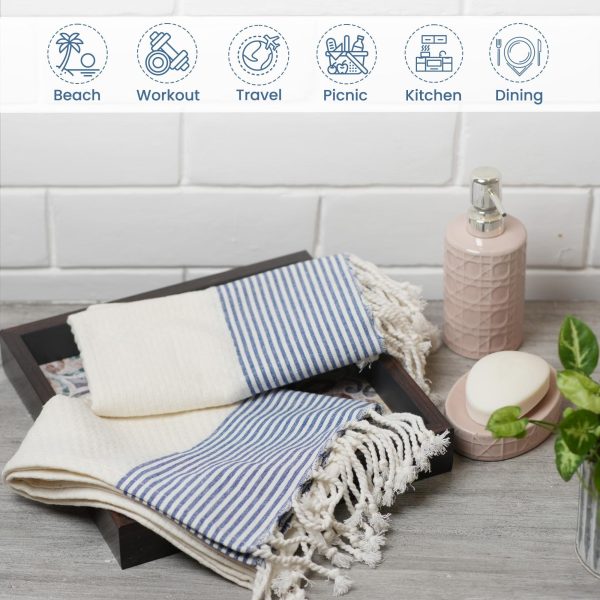 The Fine Living Co. Turkish Hand Towels   Set of 2 | 100% Cotton   Kitchen and Bathroom Hand Towels | Decorative Hand Towels for Bath Guest Face Hair Tea Dishcloth | 40”x18” (White & Blue) - Image 6