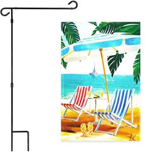 G128 Combo Pack: Garden Flag Stand Black 36x16 Inch & Garden Flag Beach Summer with Chairs Umbrella 12x18 Inch
