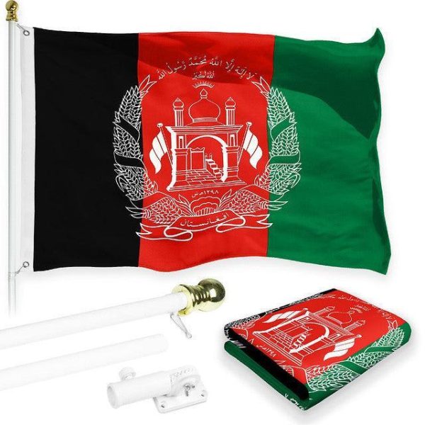 G128 Combo Pack: Flag Pole 6 FT White Tangle Free & Afghanistan Afghan Flag 3x5 FT Printed 150D Polyester
