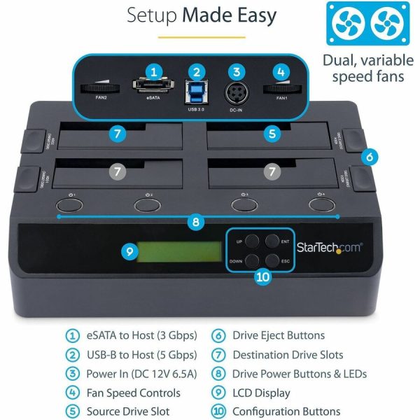 StarTech.com 4-Bay Hard Drive Duplicator and Eraser, External HDD/SSD Cloner / Copier / Wiper Tool, USB 3.0/eSATA to SATA Docking Station - Image 4