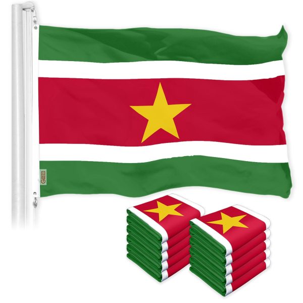 G128 10 Pack: Suriname Surinamese Flag | 3x5 Ft | LiteWeave Pro Series Printed 150D Polyester Country Flag, Indoor/Outdoor, Vibrant Colors, Brass Grommets, Thicker and More Durable Than 100D 75D Poly