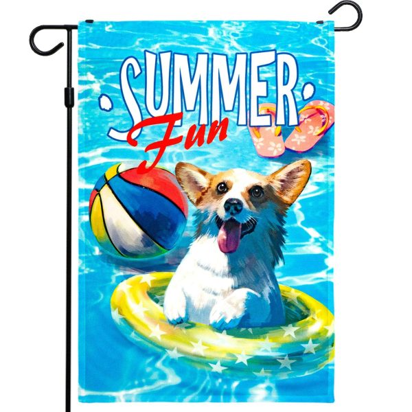 G128 Summer Fun with Dog in Pool Garden Flag | 12x18 Inch | Printed 150D Polyester - Summer Decoration, Rustic Holiday Seasonal Outdoor Flag