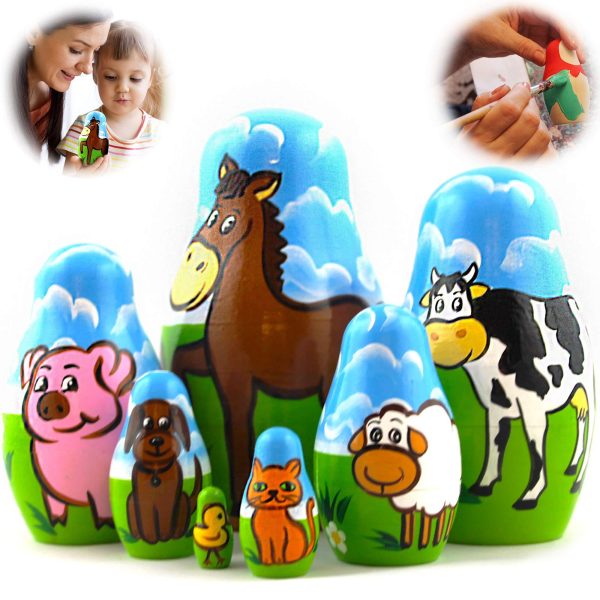 AEVVV Farm Animals Set 7 pcs Wood Nesting Dolls   Pet Figurine Set Wooden Matryoshka Stacking Items