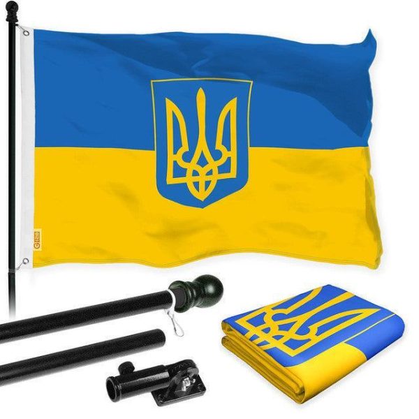 G128 Flag Pole 6FT Black Tangle Free & Ukraine Ukrainian Coat of Arms Flag 3x5 Ft Combo Printed 150D Polyester
