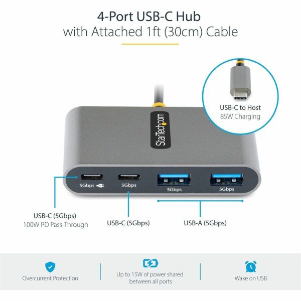 StarTech.com 4-Port USB-C Hub with 100W Power Delivery Pass-Through, 2x USB-A + 2x USB-C, 5Gbps, 1ft/30cm Long Cable, Portable USB 3.0 Hub - Image 2