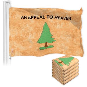 G128 5 Pack: An Appeal to Heaven Tea-Stained Flag | 3x5 Ft | LiteWeave Pro Series Printed 300D Polyester | Historical Flag, Vibrant Colors, Brass Grommets, Thicker and More Durable Than 100D 75D Poly