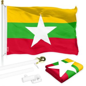 G128 Combo Pack: 6 Ft Tangle Free Spinning Flagpole (White) & Myanmar Flag 3x5 Ft Printed 150D Polyester, Brass Grommets (Flag Included) Aluminum Flag Pole