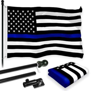 G128 Combo Pack: 6 Feet Tangle Free Spinning Flagpole (Black) Thin Blue Line Flag 3x5 ft Printed 150D Brass Grommets (Flag Included) Aluminum Flag Pole