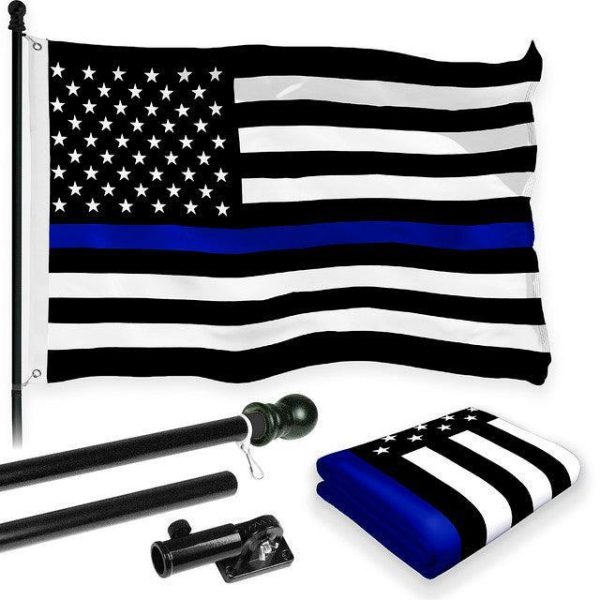G128 Combo Pack: 6 Feet Tangle Free Spinning Flagpole (Black) Thin Blue Line Flag 3x5 ft Printed 150D Brass Grommets (Flag Included) Aluminum Flag Pole