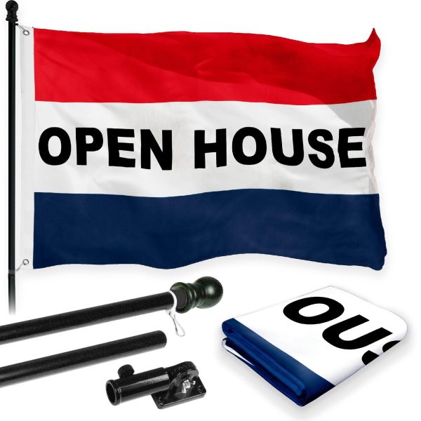 G128 Combo Pack: 6 Feet Tangle Free Spinning Flagpole (Black) Open House Flag 3x5 ft Printed 150D Brass Grommets (Flag Included) Aluminum Flag Pole