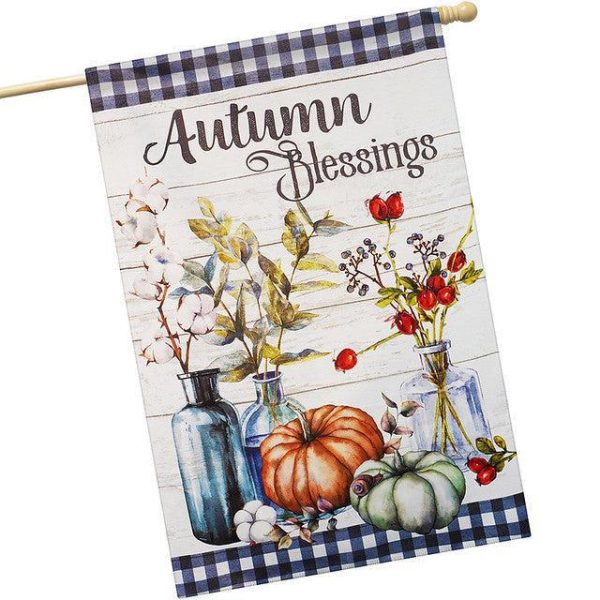 G128 House Flag Autumn Blessings Pumpkins and Flower Vases | 28x40 Inch | Printed Blockout Polyester - Fall Decoration