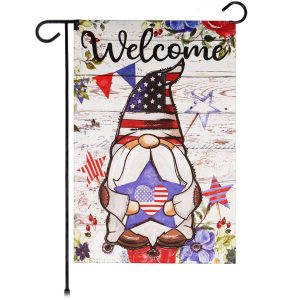 G128 Garden Flag Welcome Patriotic Gnome with Star | 12x18 Inch | Printed Blockout Polyester - Patriotic Decoration