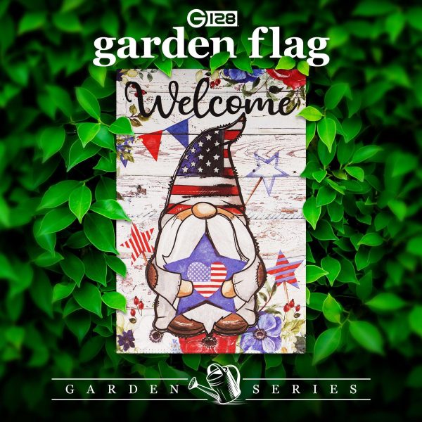 G128 Garden Flag Welcome Patriotic Gnome with Star | 12x18 Inch | Printed Blockout Polyester - Patriotic Decoration - Image 2