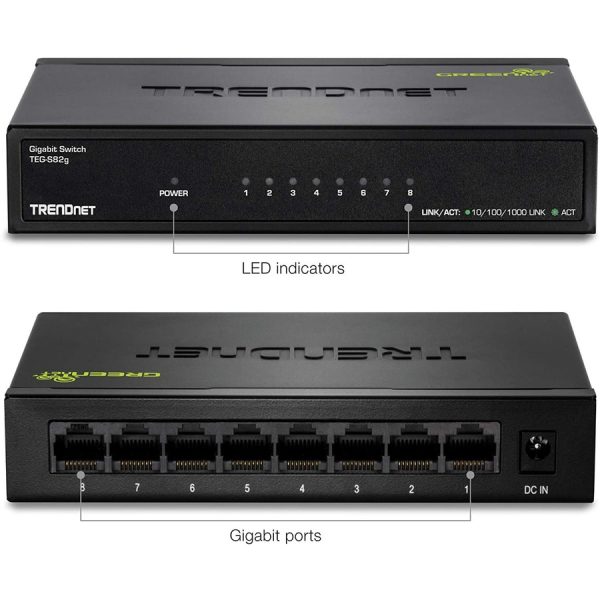 TRENDnet 8-Port Gigabit GREENnet Switch, Ethernet Network Switch, TEG-S82G, 8 x 10-100-1000 Mbps Gigabit Ethernet Ports, Ethernet Splitter, 16 Gbps, Metal, Lifetime Protection, Black - Image 2