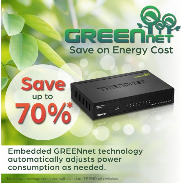 TRENDnet 8-Port Gigabit GREENnet Switch, Ethernet Network Switch, TEG-S82G, 8 x 10-100-1000 Mbps Gigabit Ethernet Ports, Ethernet Splitter, 16 Gbps, Metal, Lifetime Protection, Black - Image 7