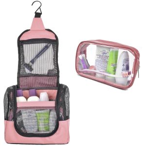 The Fine Living Co. USA Portable Hanging Shower Caddy Organizer with 1 Free Toiletries Case Quick Dry Mesh Shower Caddy Tote Bag Included 1 Metal Hook Perfect for Dorm Camp Travel Gym Pink