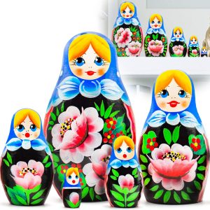 AEVVV Russian Nesting Dolls Set of 5 pcs Matryoshka Doll with Hand Painted Rose Flowers Russian Doll with Rose Decorations Rose Decor Folk Art Dolls