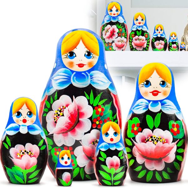 AEVVV Russian Nesting Dolls Set of 5 pcs   Matryoshka Doll with Hand Painted Rose Flowers   Russian Doll with Rose Decorations   Rose Decor   Folk Art Dolls