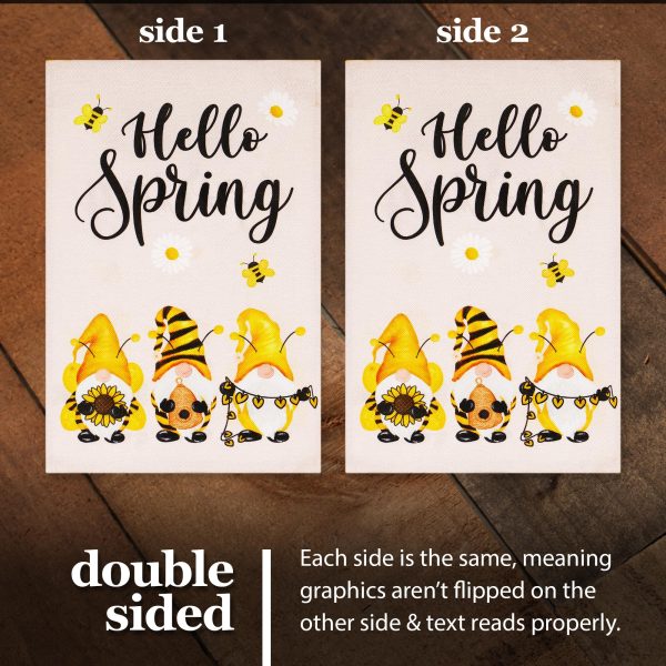 G128 Garden Flag Hello Spring Three Bee Gnomes 12"x18" Burlap Fabric - Image 3