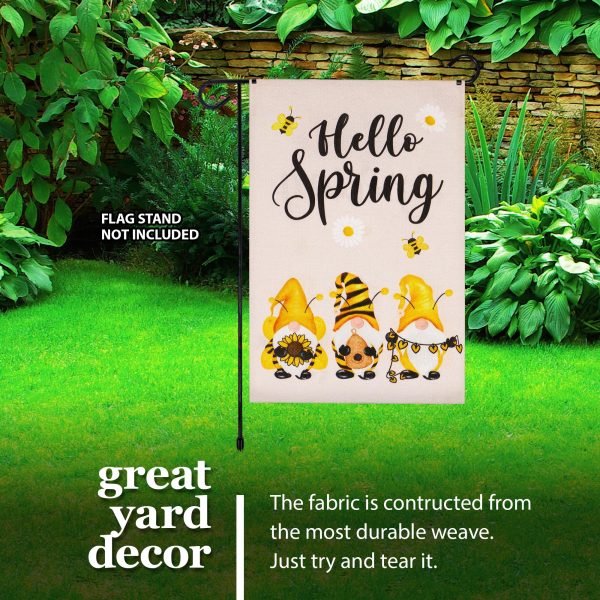 G128 Garden Flag Hello Spring Three Bee Gnomes 12"x18" Burlap Fabric - Image 9