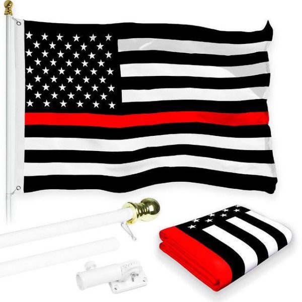 G128 Combo Pack: 6 Feet Tangle Free Spinning Flagpole (White) Thin Red Line Flag 3x5 ft Printed 150D Brass Grommets (Flag Included) Aluminum Flag Pole