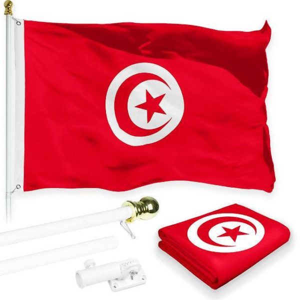 G128 Combo Pack: 6 Feet Tangle Free Spinning Flagpole (White) Tunisia Tunisian Flag 3x5 ft Printed 150D Brass Grommets (Flag Included) Aluminum Flag Pole
