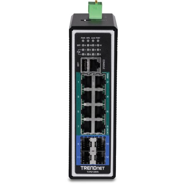 TRENDnet 12-Port Hardened Industrial Gigabit PoE+ Layer 2+ Managed DIN-Rail Switch, 240W Power Budget, Hardened IP30 Network Ethernet Gigabit PoE+ Switch, Lifetime Protection, Black, TI-PG1284i - Image 2
