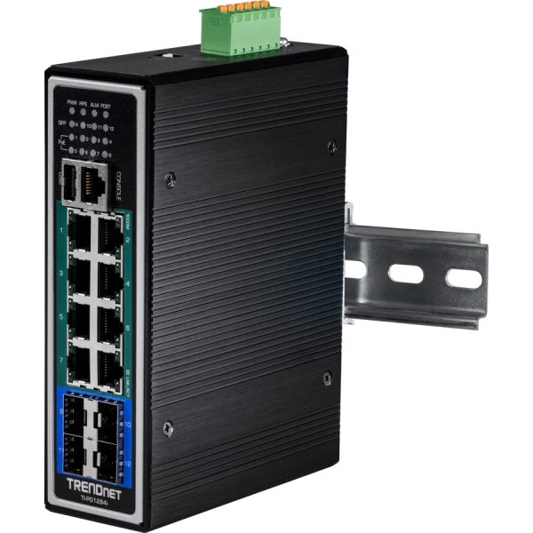 TRENDnet 12-Port Hardened Industrial Gigabit PoE+ Layer 2+ Managed DIN-Rail Switch, 240W Power Budget, Hardened IP30 Network Ethernet Gigabit PoE+ Switch, Lifetime Protection, Black, TI-PG1284i - Image 5