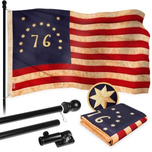 G128 Combo Pack: 6 Ft Tangle Free Aluminum Spinning Flagpole (Black) & Bennington 76 Tea-Stained Flag 3x5 Ft, ToughWeave Pro Series Embroidered 420D Polyester | Pole with Flag Included