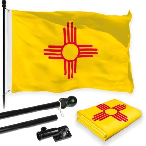 G128 Combo Pack: 6 Feet Tangle Free Spinning Flagpole (Black) New Mexico NM State Flag 3x5 ft Printed 150D Brass Grommets (Flag Included) Aluminum Flag Pole