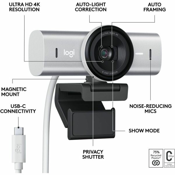 Logitech MX Brio Ultra HD 4K Collaboration and Streaming Webcam, 1080p at 60 FPS, Dual Noise Reducing Mics, Show Mode, USB-C, Webcam Cover, Works with Microsoft Teams, Zoom, Google Meet, Pale Gray - Image 6