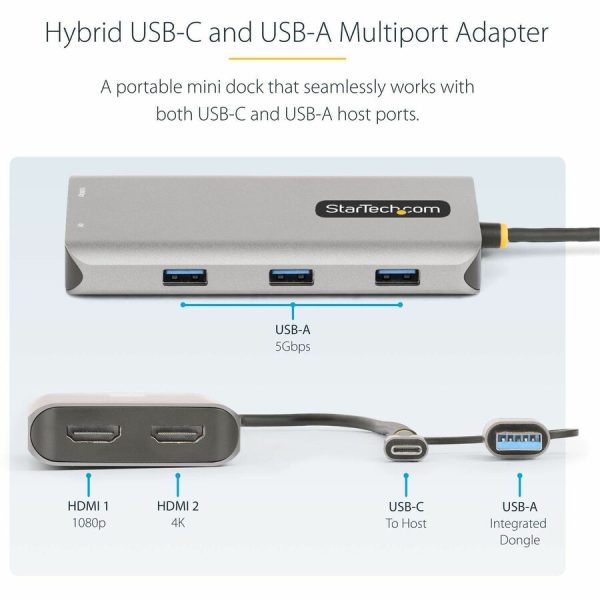 StarTech.com USB-C Multiport Adapter w/Attached USB-C to USB-A Dongle, Dual HDMI 4K/1080, 3x USB, Mini Laptop Docking Station, Travel Dock - Image 4