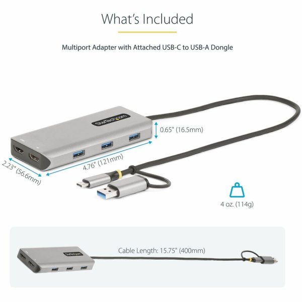 StarTech.com USB-C Multiport Adapter w/Attached USB-C to USB-A Dongle, Dual HDMI 4K/1080, 3x USB, Mini Laptop Docking Station, Travel Dock - Image 6