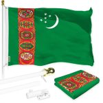 G128 Combo Pack: 6 Ft Tangle Free Spinning Flagpole (White) & Turkmenistan Flag 3x5 Ft Printed 150D Polyester, Brass Grommets (Flag Included) Aluminum Flag Pole