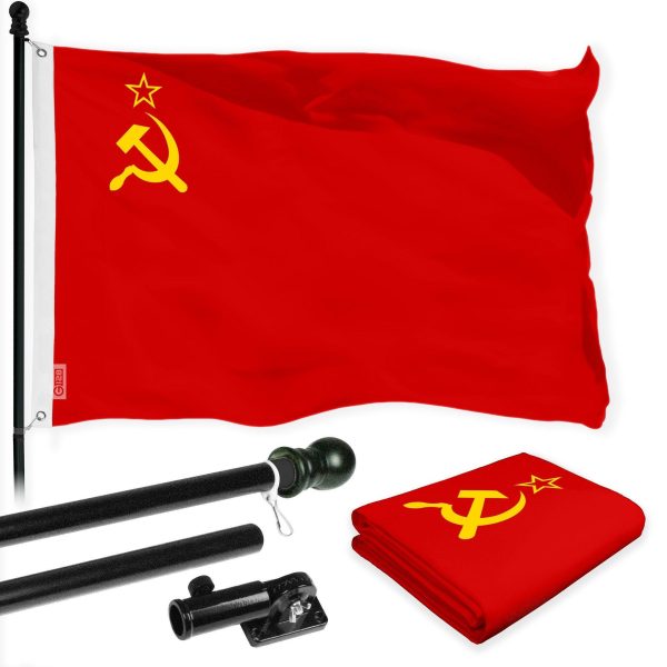 G128 Combo Pack: 6 Ft Tangle Free Aluminum Spinning Flagpole (Black) & Union of Soviet Socialist Republics USSR Flag 3x5 Ft, LiteWeave Pro Series Printed 150D Polyester | Pole with Flag Included